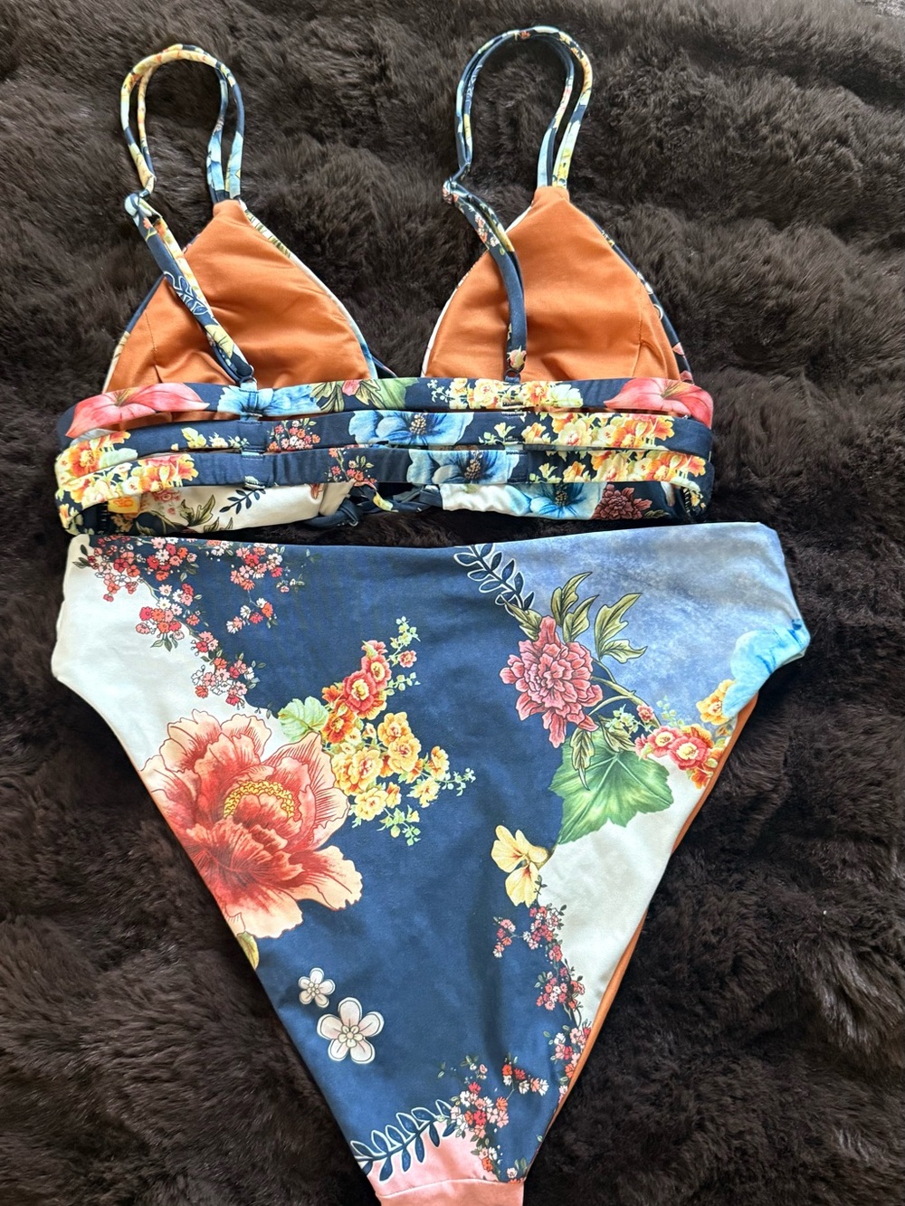 Agua Bendita High Waisted Floral Two-Piece Bikini Set in Navy & Orange - Picture 2 of 4